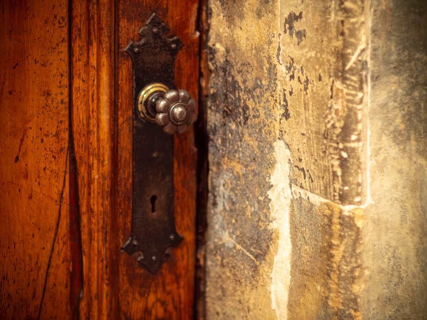 Close-up of an interior door frame showing a vintage brass doorknob with a round, knobbly design, attached to a dark, ornate backplate. The door is made of aged, varnished wood with visible grain, and