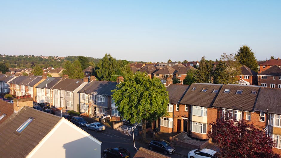 An aerial view of a residential area during daylight hours showing a row of terraced houses with varied brick and painted exteriors, some with bay windows and rooftop skylights. Several parked cars are lined along the street, which is lined with trees including a prominent large leafy tree positioned centrally in front of the houses. The scene captures a typical suburban neighbourhood with clear skies and greenery in the background. This image reflects a home environment where furniture transport and packing materials may be prepared for a house relocation or moving service, as provided by Man with Van Osidge, with the process involving careful loading and unloading of items in a street setting.