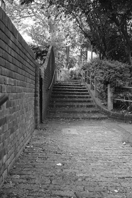 Black and white photograph of an outdoor concrete staircase leading from a parking area to a building entrance, with metal handrails on both sides. The staircase is illuminated by nearby lighting, cas